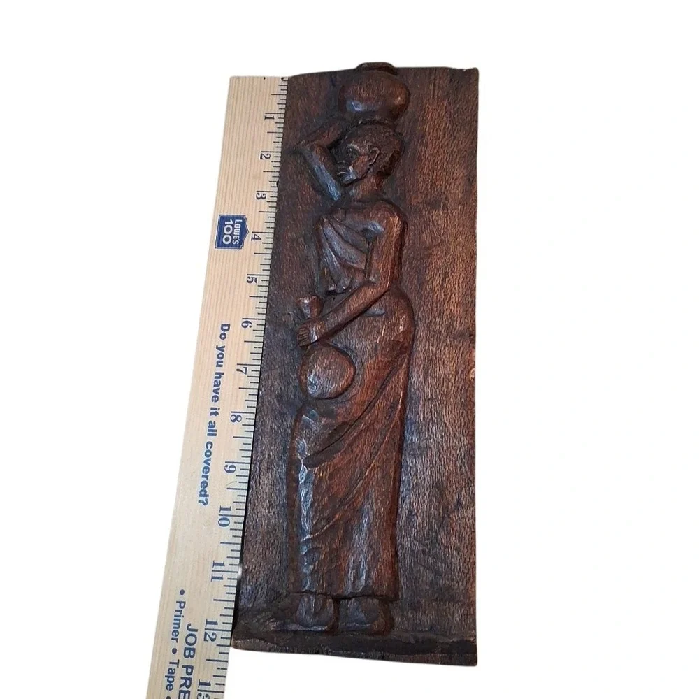 Folk Art Rustic Primitive Woman Figure Hand Carved Wooden Wall Panel Signed 12
